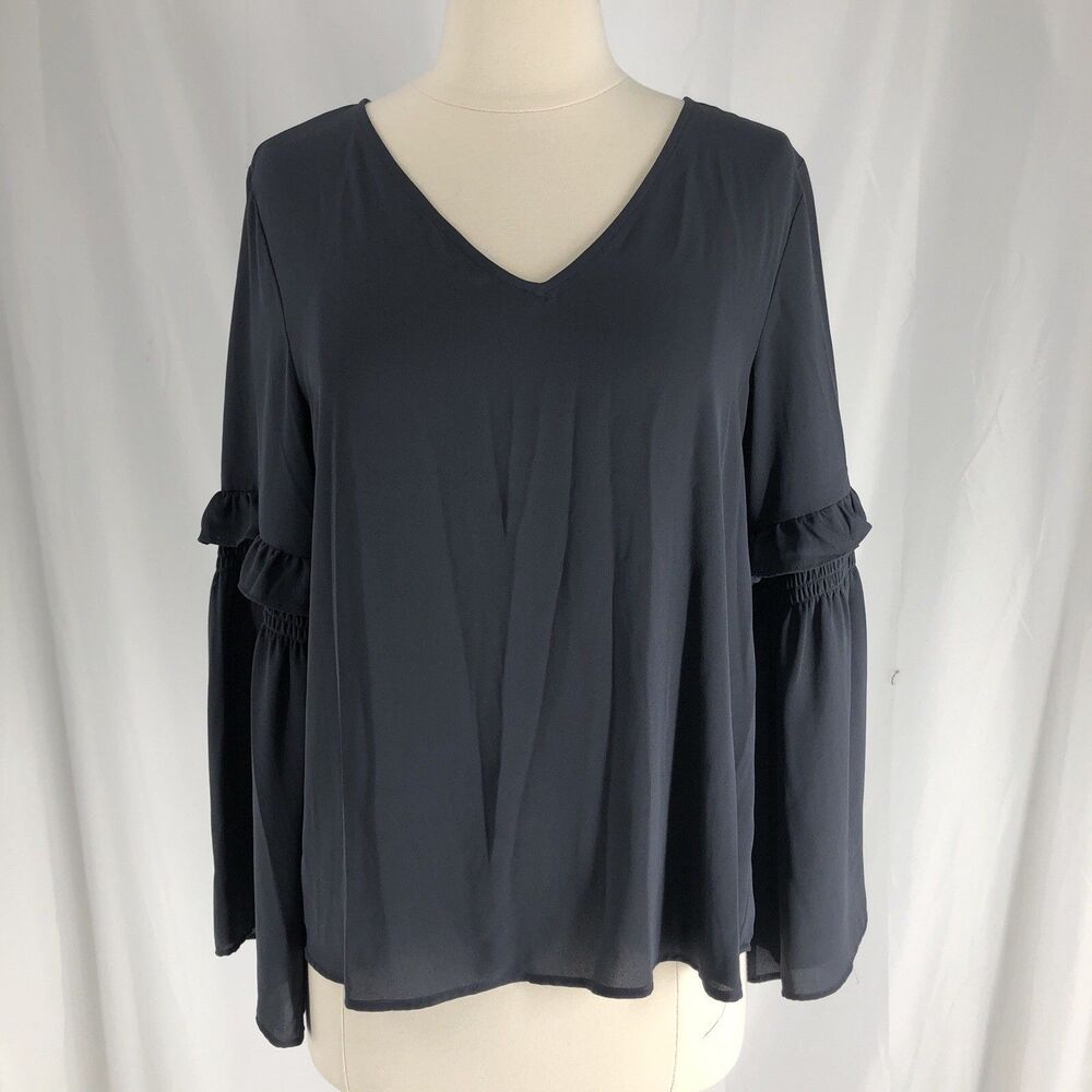 Ann Taylor LOFT Small Gray Semi Sheer Long sleeve V Neck Blouse